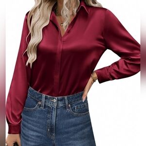 Women's Large Wine Red Hideaway Button Down Long Sleeve Shirt Collared Blouse